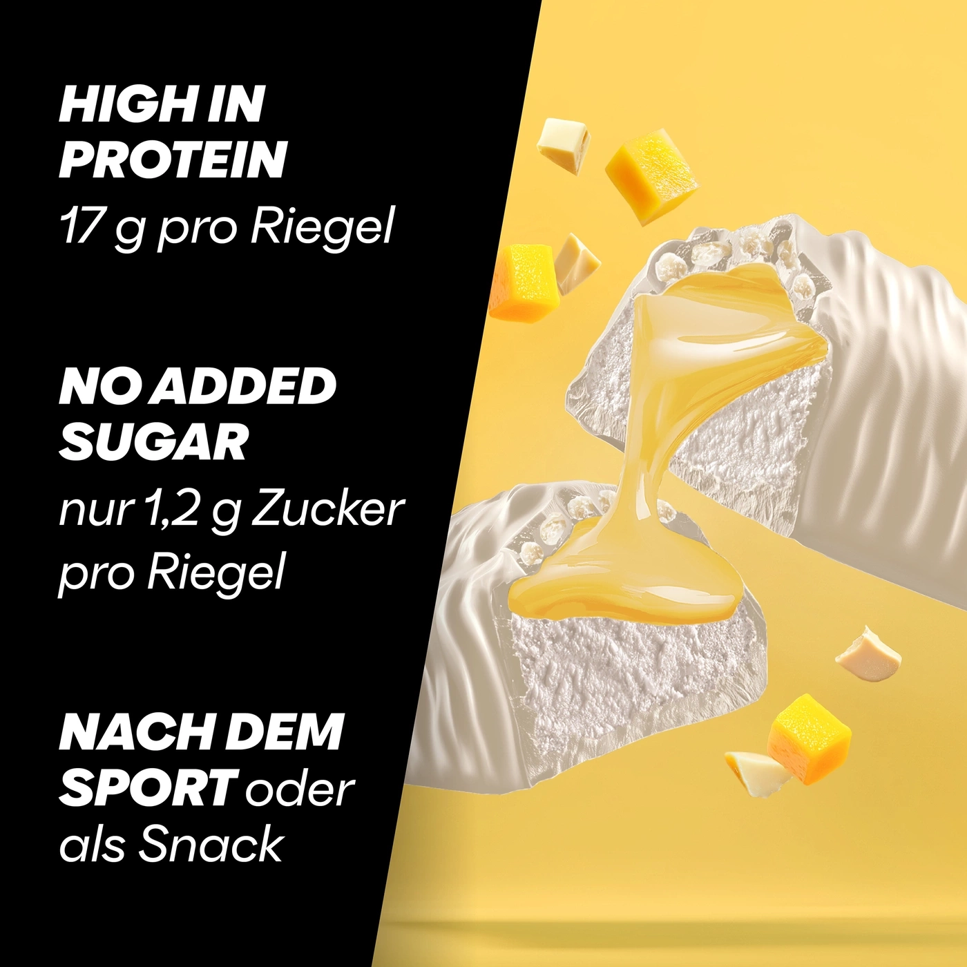 Riegel mit hohem Proteingehalt, zuckerarm und ideal als Snack nach dem Sport.