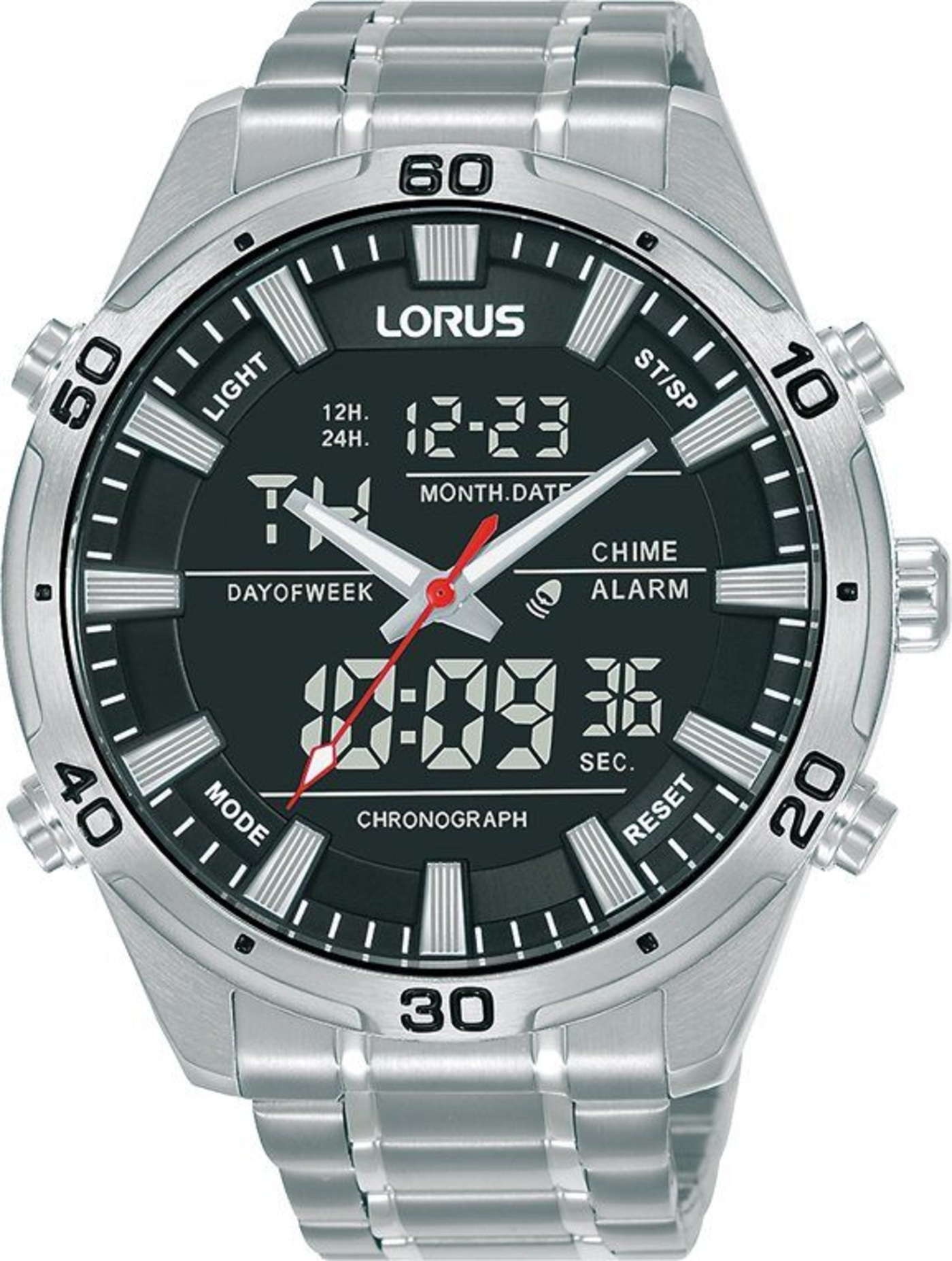 Lorus Uhr mit digitaler Anzeige, Chronograph, Datum und Alarmfunktion.