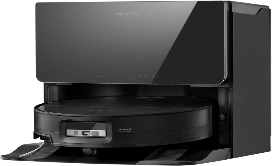 Ein schwarzer Roborock Saugroboter mit Dockingstation und automatischer Staubentleerung.