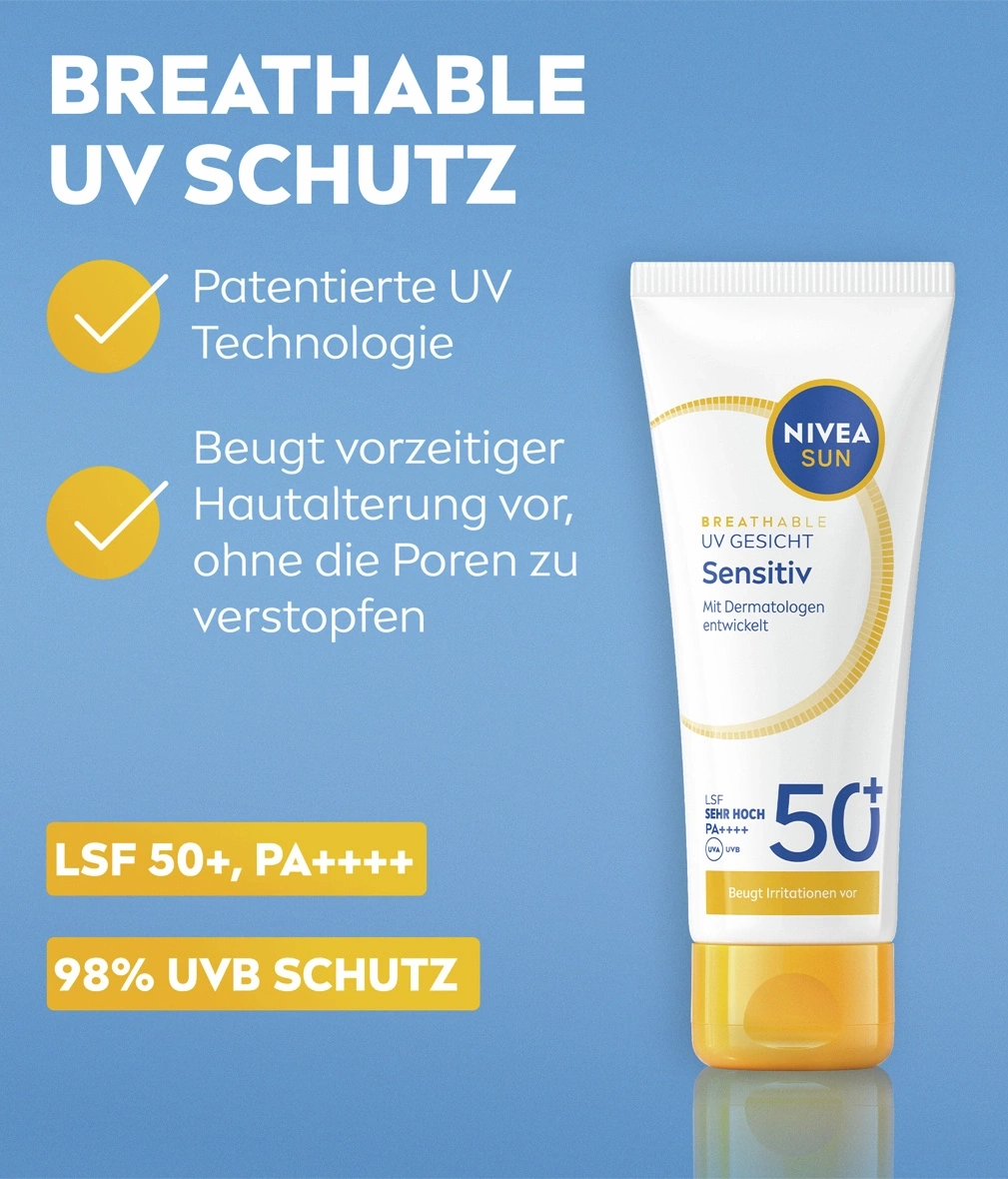 Nivea Sun Sensitiv Sonnenschutz mit LSF 50+, PA++++ und 98% UVB Schutz für das Gesicht.