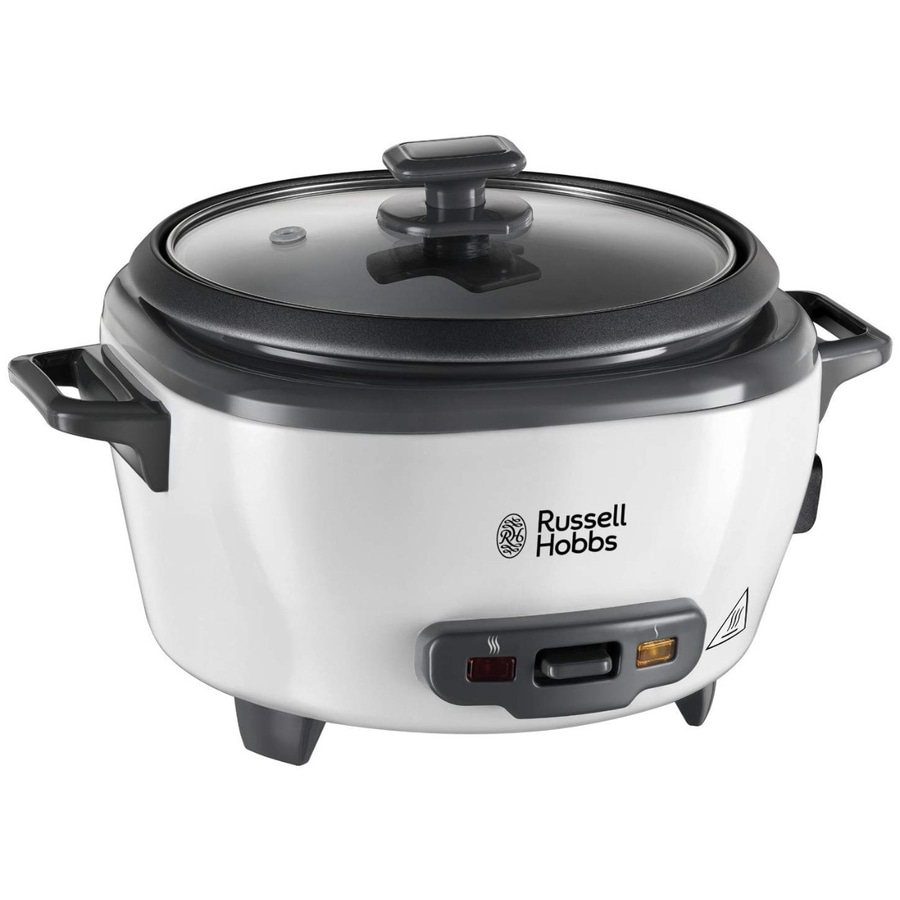 Ein weißer Reiskocher mit schwarzem Deckel und silbernen Griffen. Auf der Vorderseite ist das Russell Hobbs Logo.