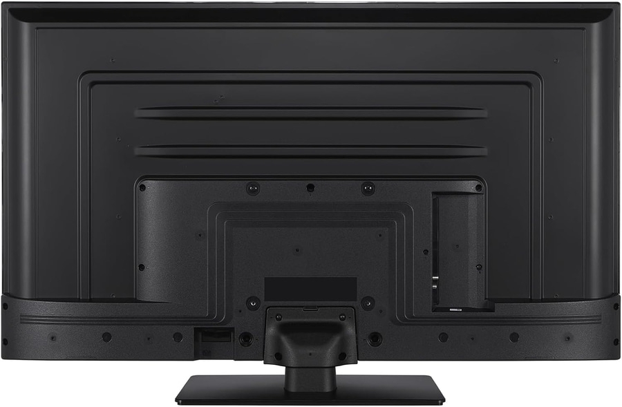 Rückseite eines schwarzen Fernsehers mit Halterung und verschiedenen Anschlüssen.