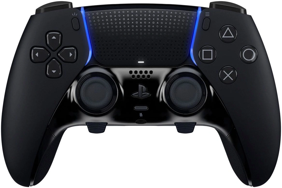 Schwarzer PlayStation DualSense Edge Controller mit blauen Akzenten und Tasten.