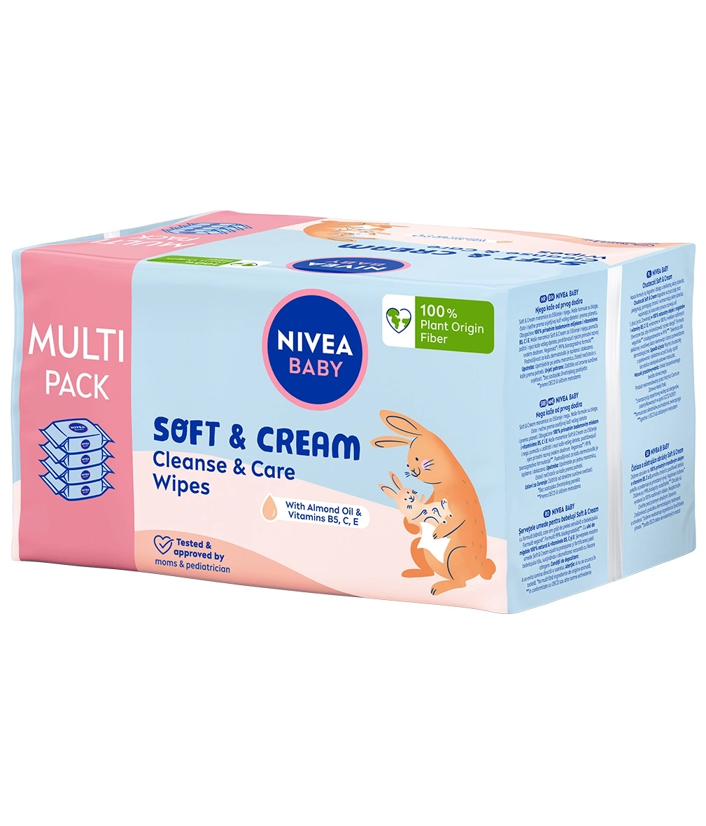 Nivea Baby Soft & Cream Feuchttücher Multipack mit einem Hasenmotiv.
