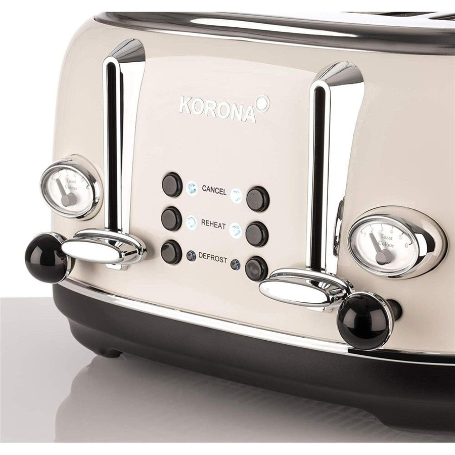 Toaster mit Knöpfen und Anzeigen für Toastfarbe und Funktionen wie Auftauen und Aufwärmen.