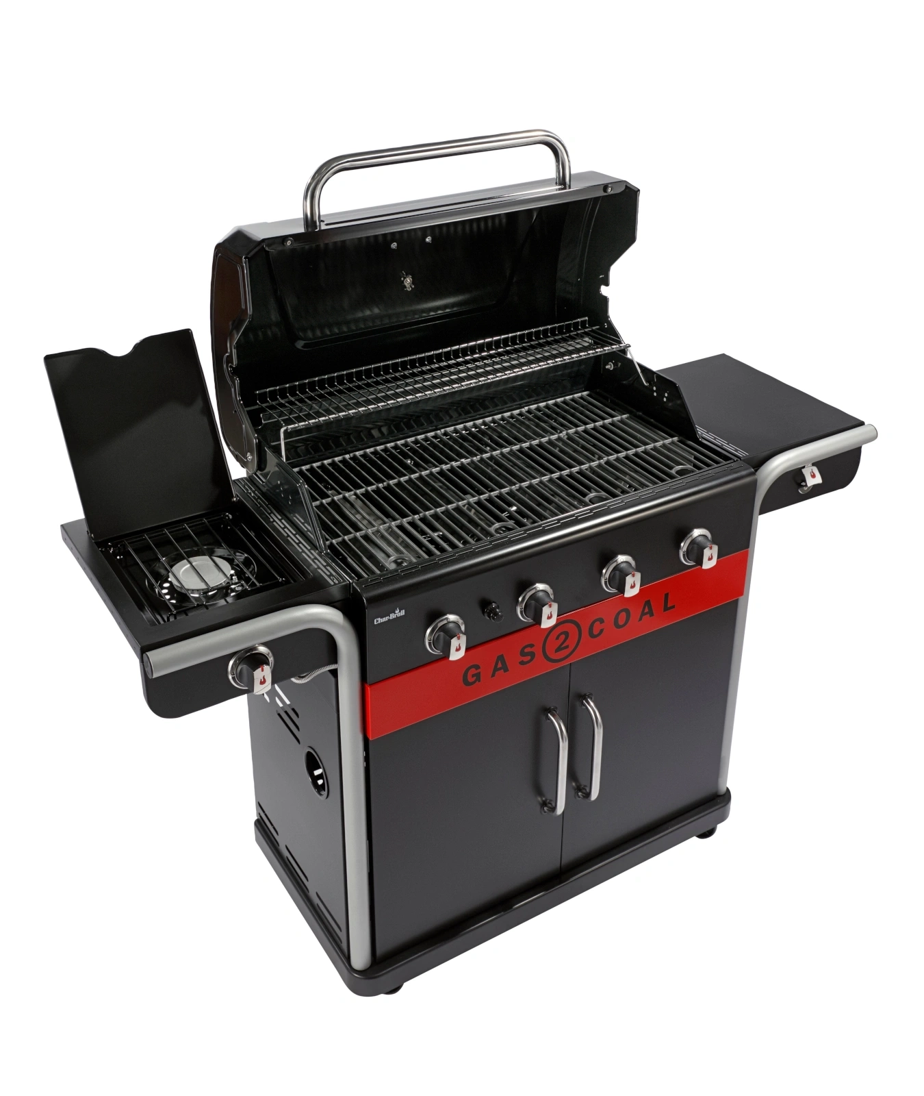 Ein schwarzer Gasgrill mit roten Akzenten und zwei Türen.