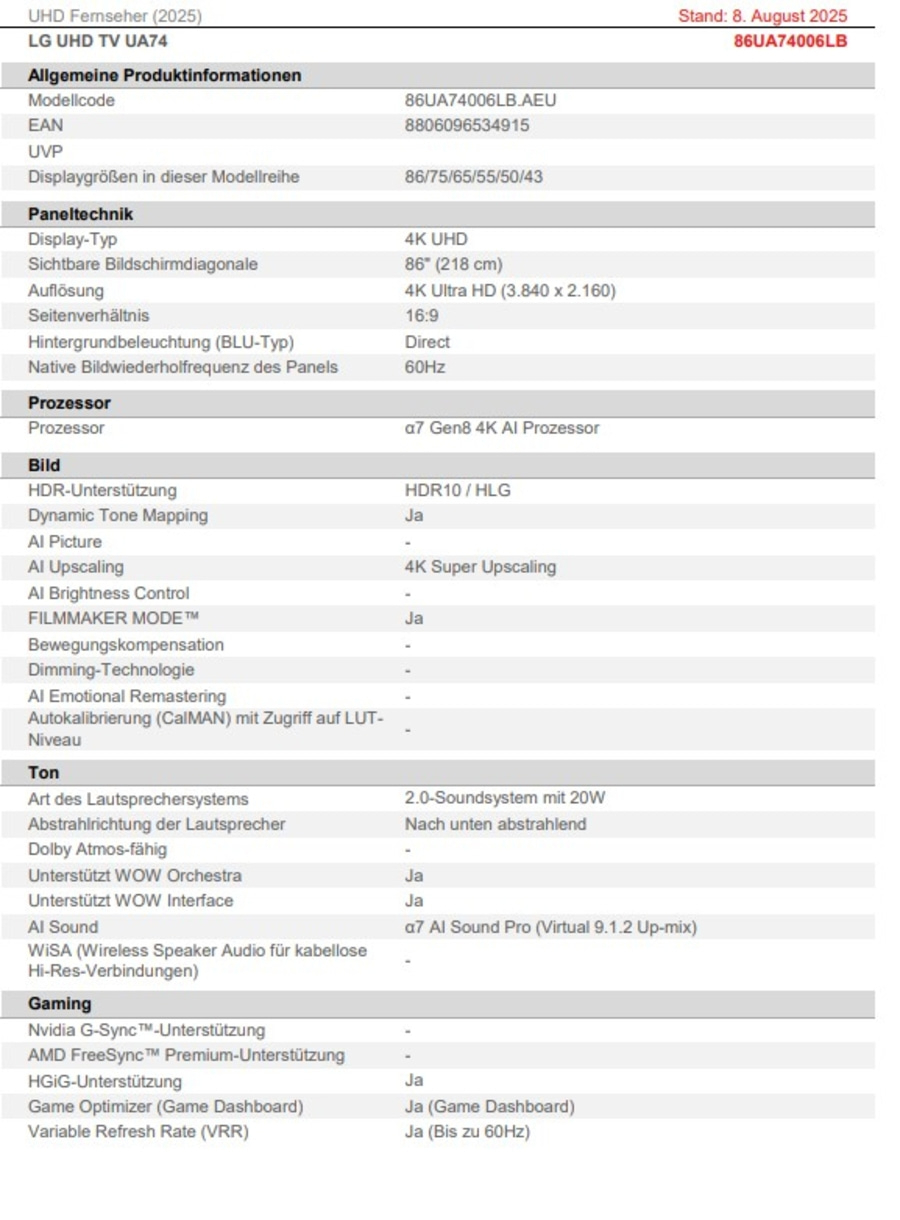 LG TV 86UA74006LB LED-Fernseher 217 cm/86 Zoll 4K Ultra HD Smart-TV 60 Hz B-WARE