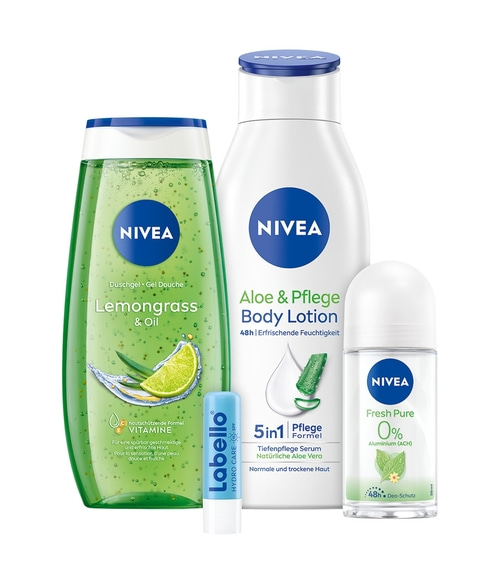 NIVEA Happy Balance Geschenkset 4-tlg. Pflegedusche Bodylotion Deo Lippenpflege