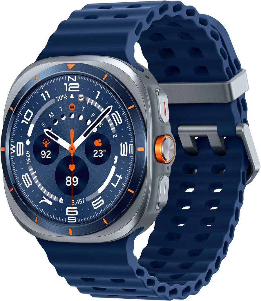 Eine blaue Smartwatch mit silbernem Gehäuse und orangefarbenen Akzenten.