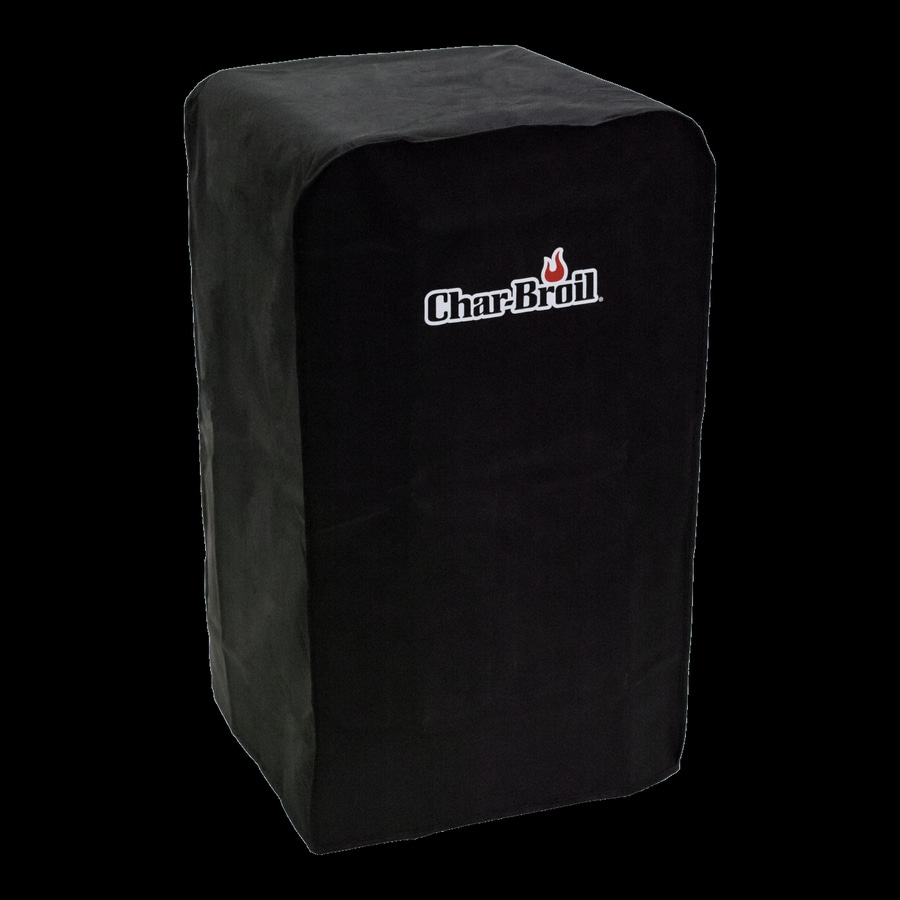 Schwarze Char-Broil Grillabdeckung, rechteckig, mit Logo, auf schwarzem Hintergrund