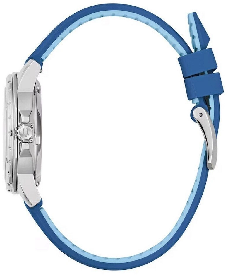 Armbanduhr mit blauem Armband und silbernem Gehäuse im Profil