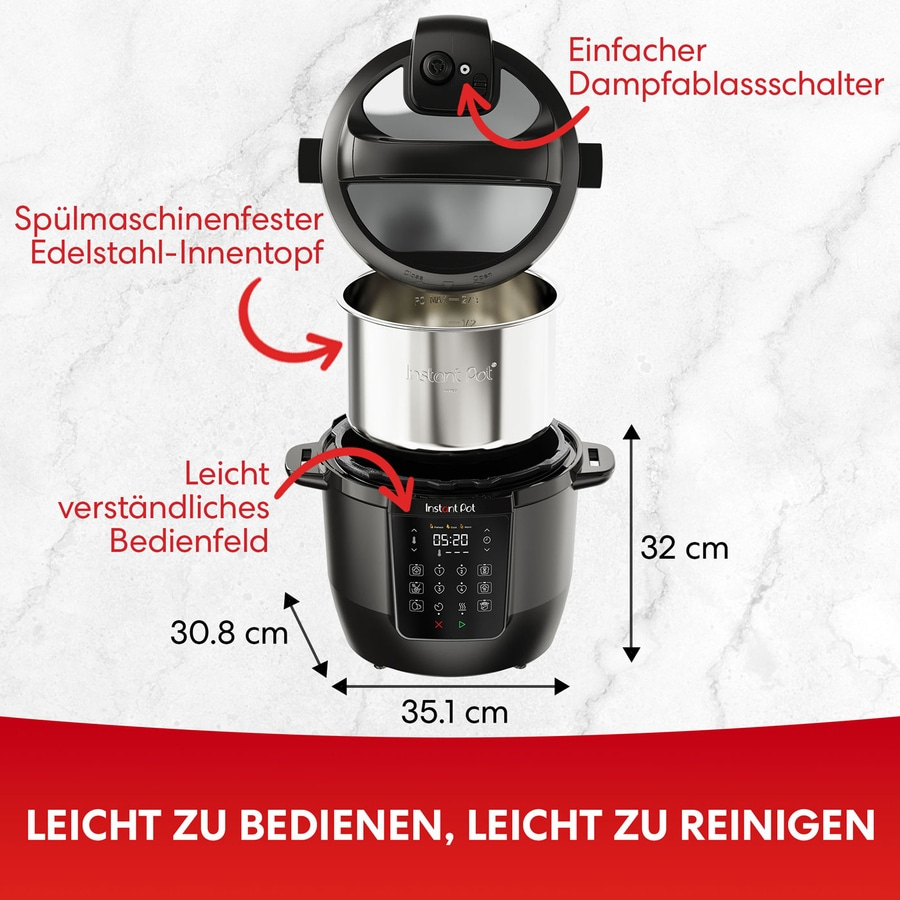 Instant Pot mit Edelstahl-Innentopf, Bedienfeld, Dampfablassschalter und Abmessungen.