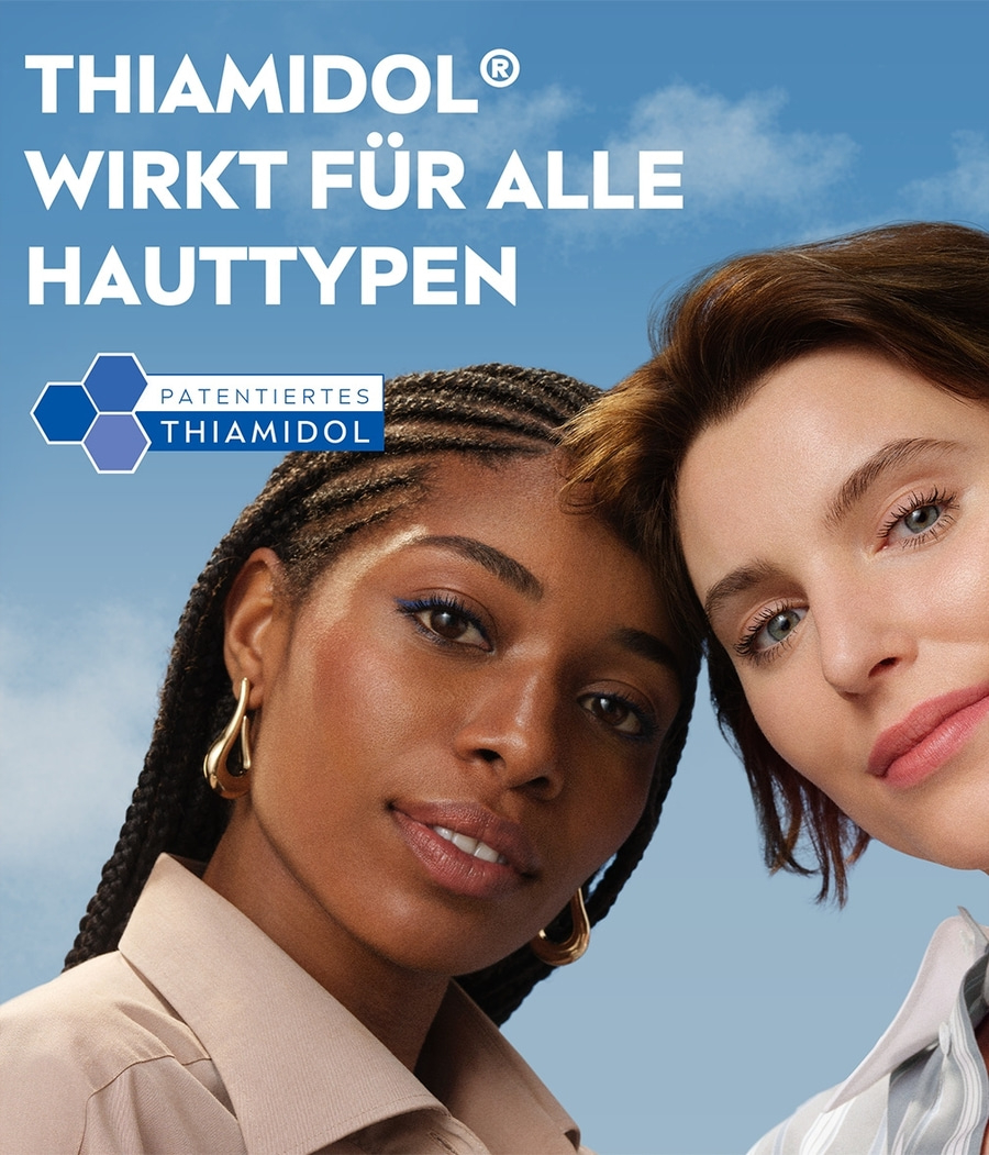 Werbung für Hautpflege mit zwei Frauen, THIAMIDOL, alle Hauttypen