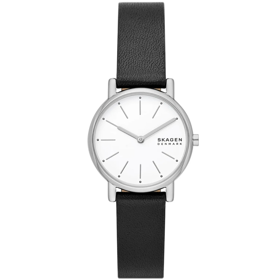 Ein schlichter Skagen Damenuhr mit einem weißen Zifferblatt und einem schwarzen Lederarmband