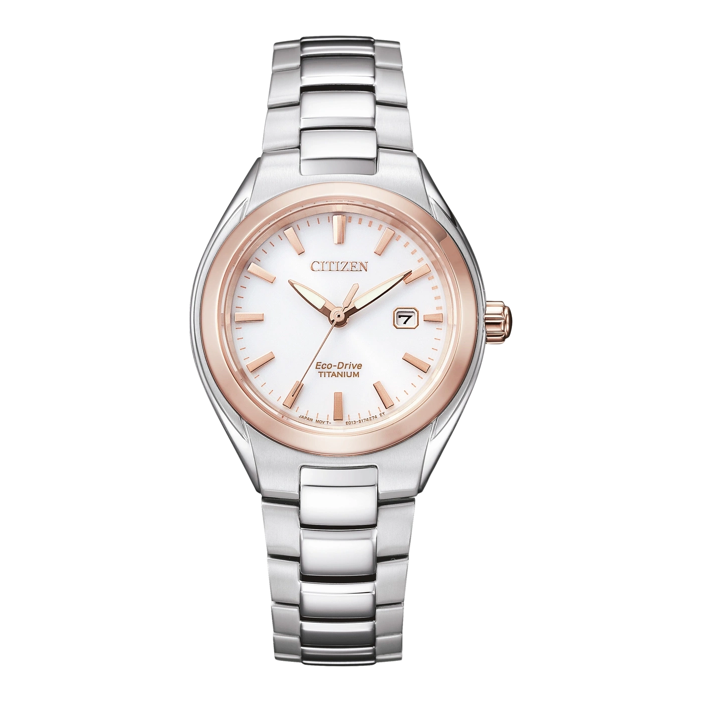 Citizen Damenuhr mit weißem Zifferblatt und roségoldfarbenen Akzenten, Titanarmband
