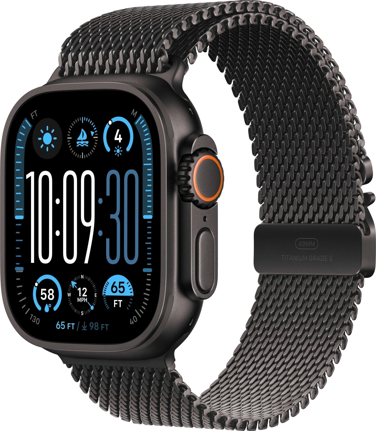 Ein schwarzes Apple Watch Ultra mit einem Milanese Loop Armband.