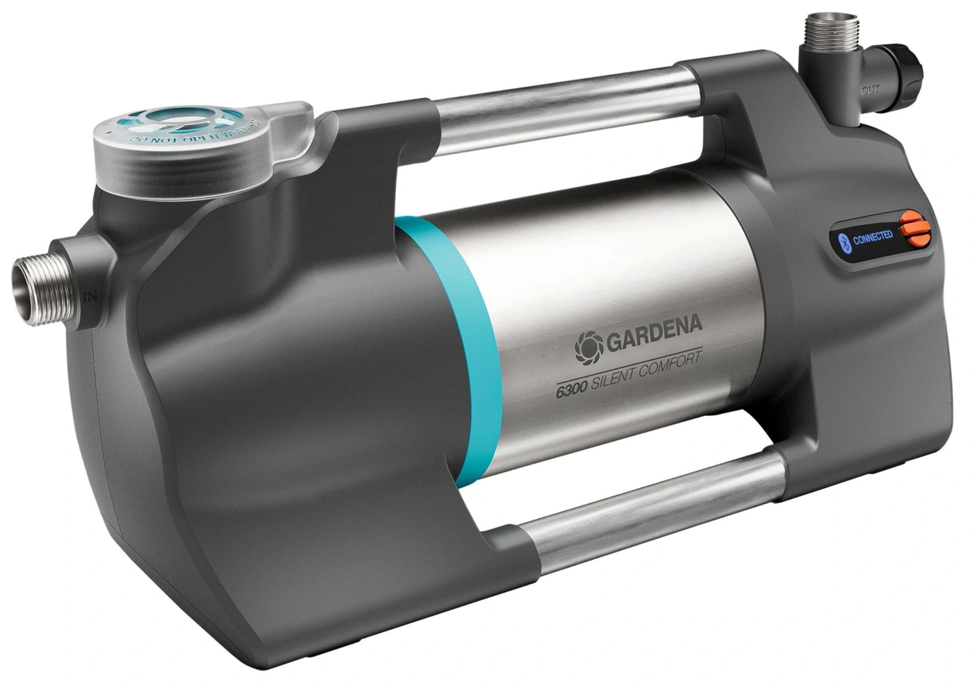 Gardena 6300 Silent Comfort Hauswasserwerk mit Anschlussstutzen, Griffen und Bedienfeld