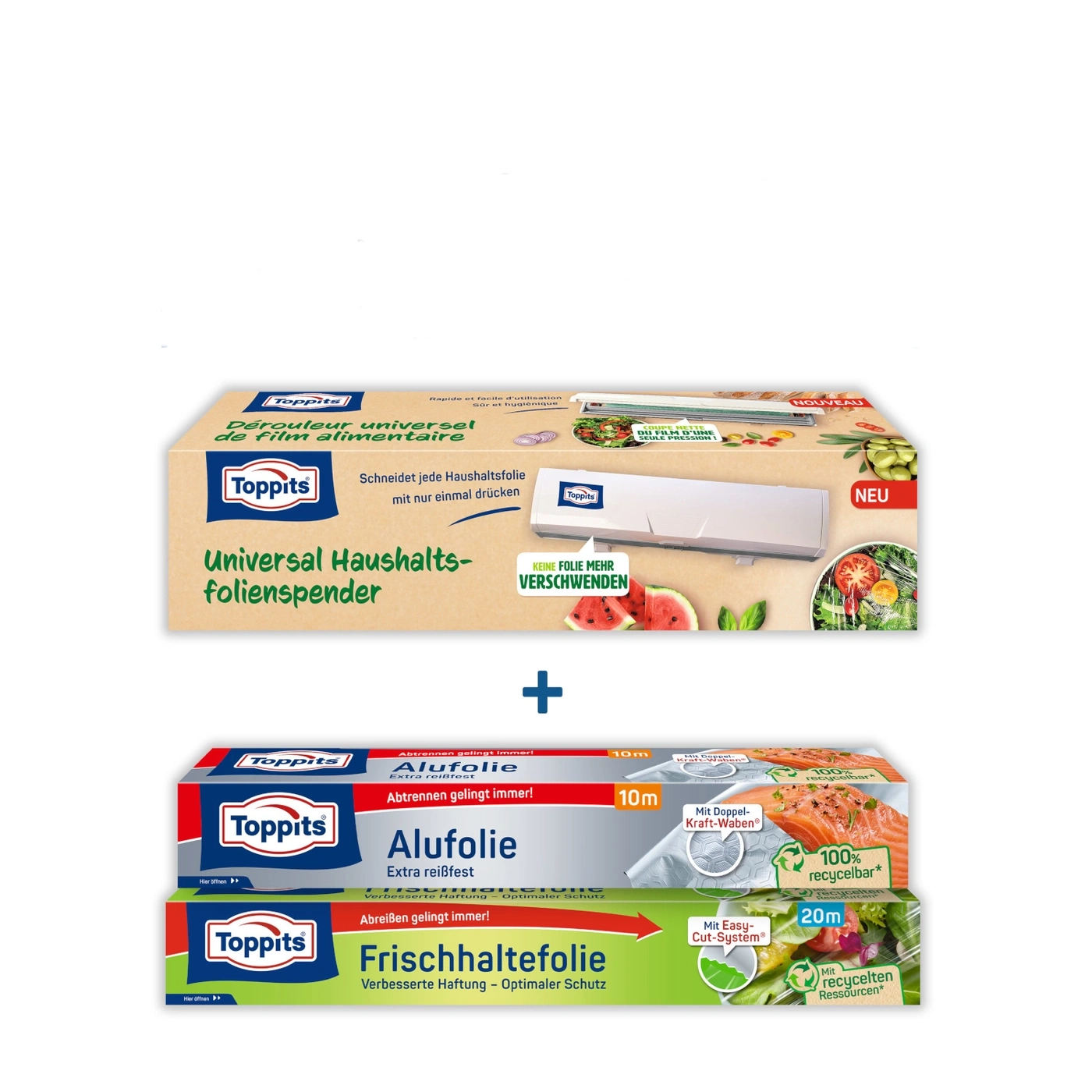 Toppits Folien: Universalspender, Alufolie, Frischhaltefolie. Verpackungen mit Informationen.