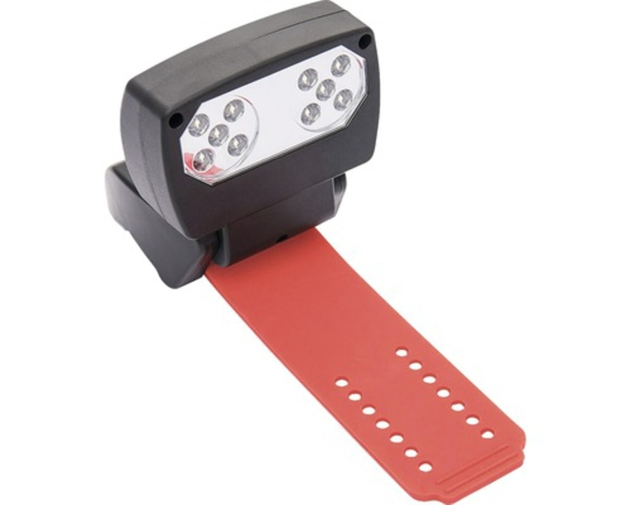 Schwarze LED-Arbeitsleuchte mit rotem Armband und Löchern für die Befestigung.