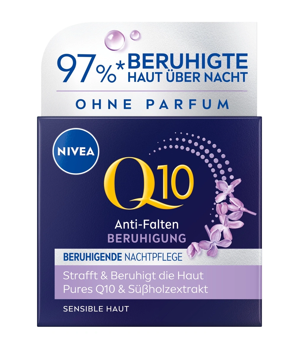 Nivea Q10 Anti-Falten Nachtpflege, beruhigt die Haut über Nacht, ohne Parfum.