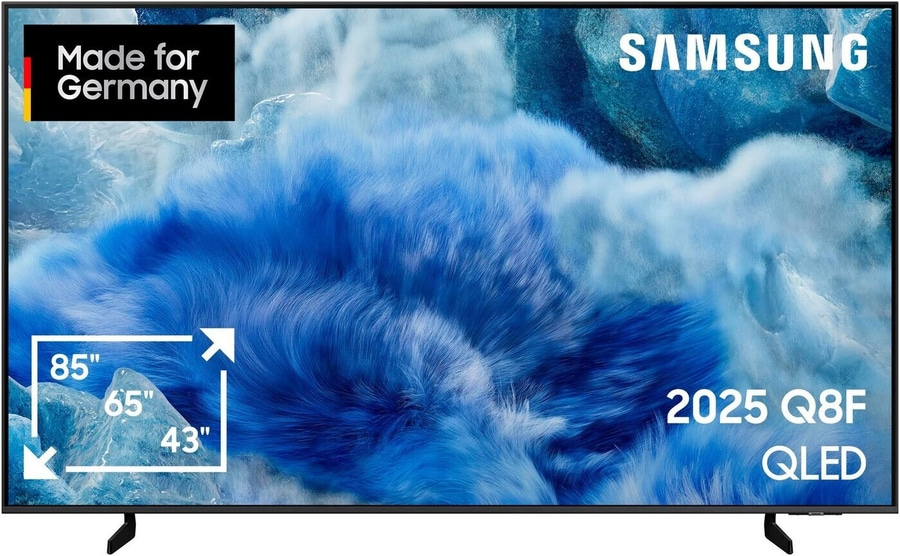 Ein Samsung QLED Fernseher mit 2025 Q8F Modellbezeichnung und "Made for Germany" Aufschrift.