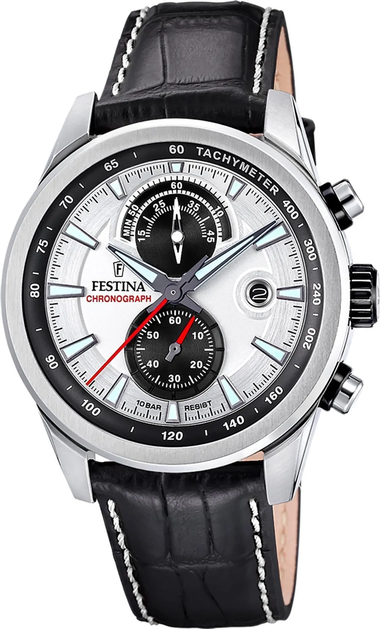 Eine silberne Festina Chronograph Armbanduhr mit schwarzem Lederband