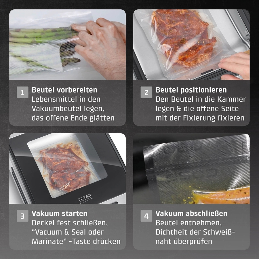 Anleitung zur Vakuumverpackung: Beutel vorbereiten, positionieren, Vakuum starten und abschließen.