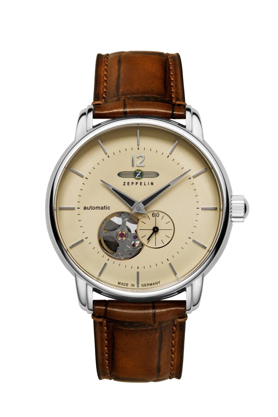 Zeppelin Automatic Herrenuhr mit braunem Lederarmband und Zifferblatt mit Skeleton-Element.