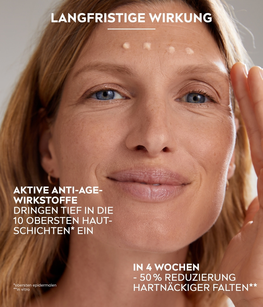 Frau mit Creme auf der Stirn, Text über Anti-Aging-Wirkung und Faltenreduzierung.