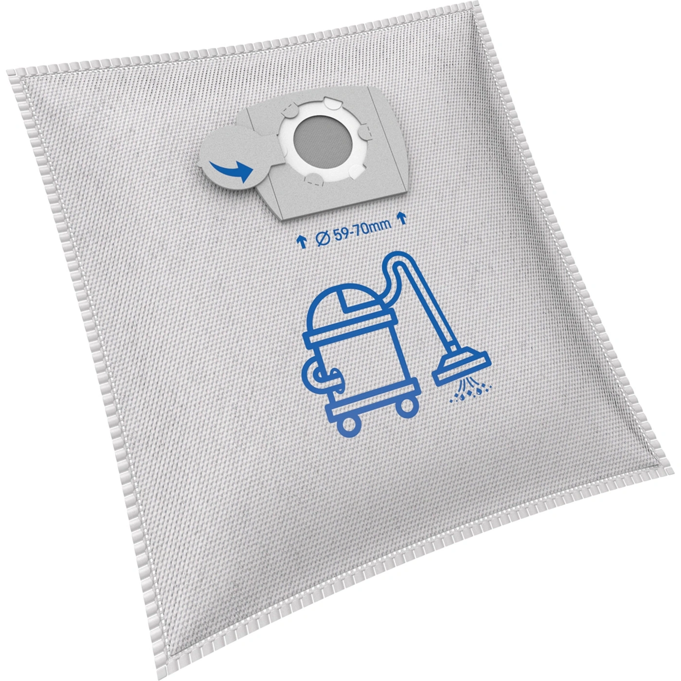 Staubbeutel für Staubsauger, weiß mit blauer Illustration und Pfeil