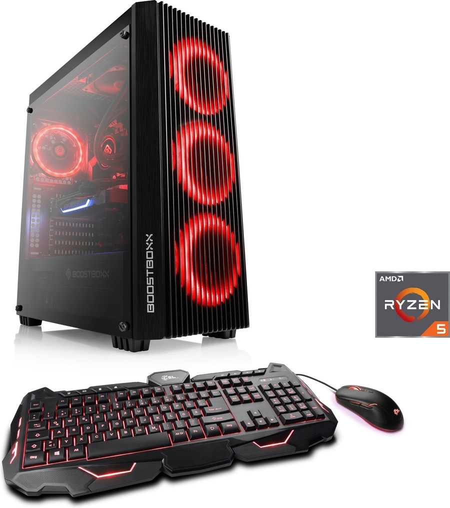 Gaming-PC mit Tastatur und Maus, roter Beleuchtung, AMD Ryzen 5 Prozessor