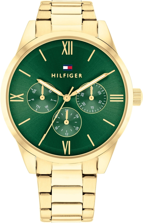 Goldene Tommy Hilfiger Uhr mit grünem Zifferblatt und römischen Ziffern.