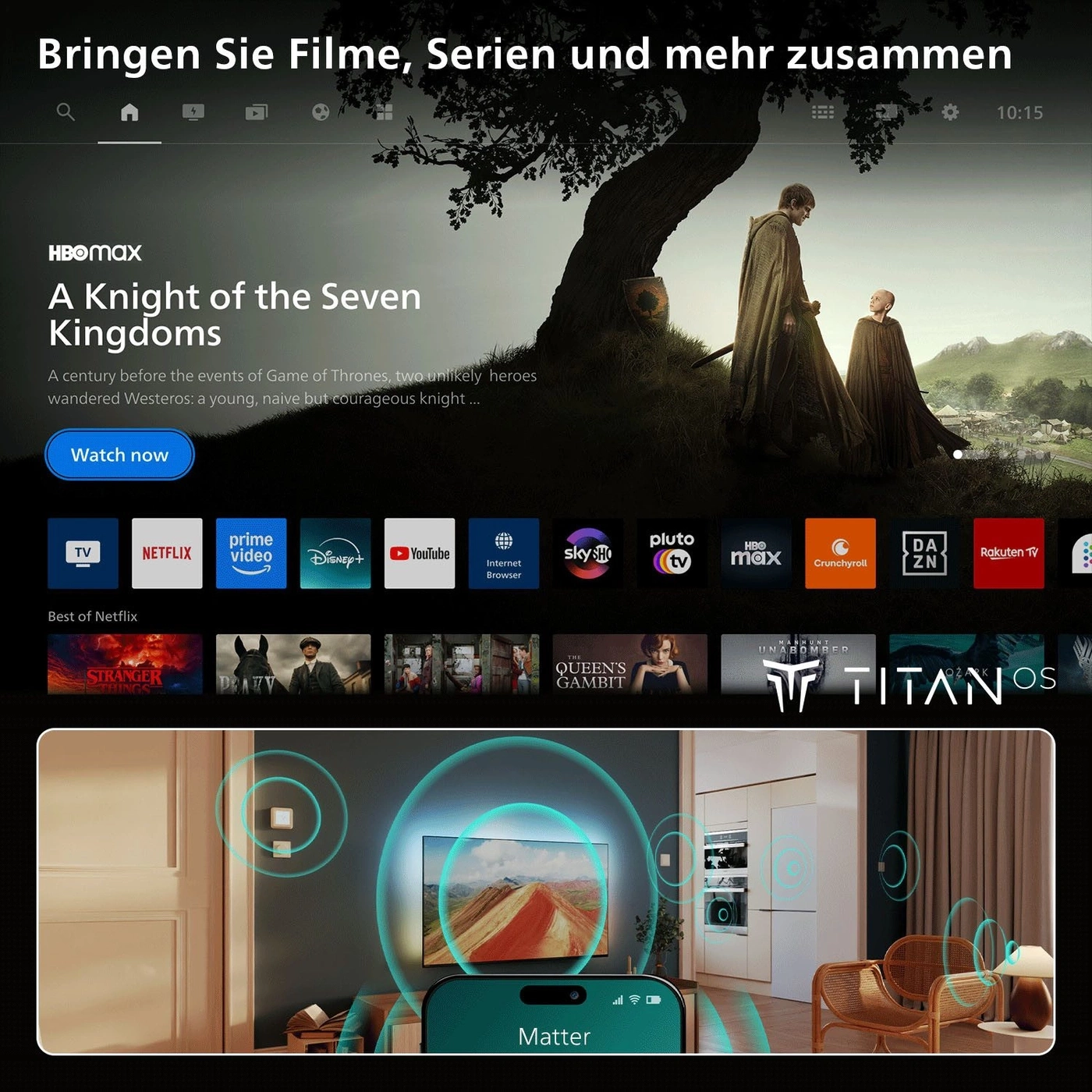Bildschirm mit Filmen und Serien, Apps, und Smart Home Steuerung