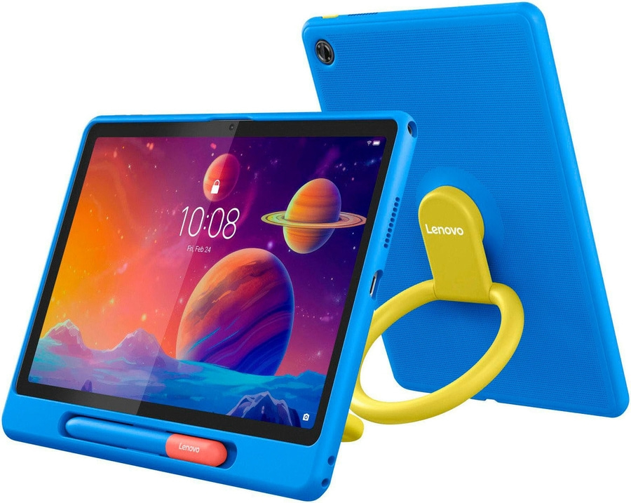 Ein blaues Lenovo Tablet mit einem gelben Griff und Stift.
