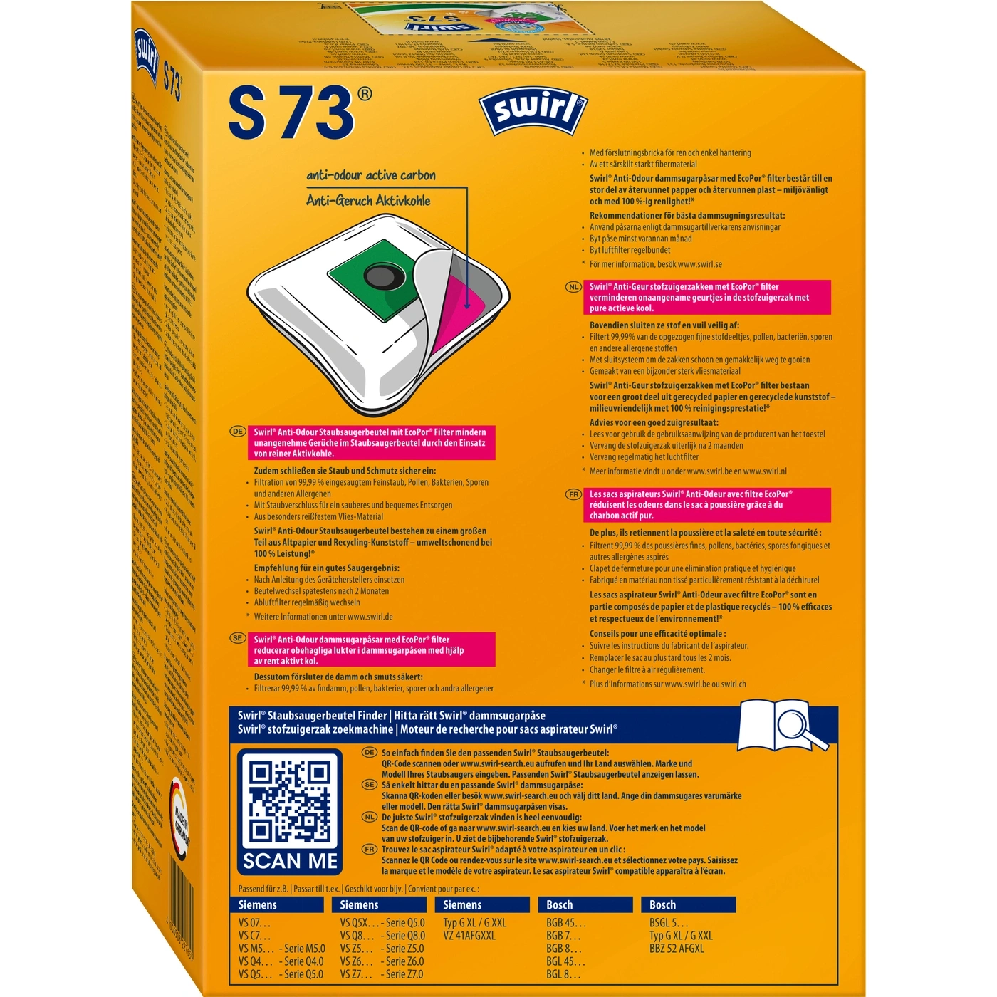 Swirl S73 Staubsaugerbeutel Packung mit Anti-Geruch Aktivkohle und EcoPor Filter.