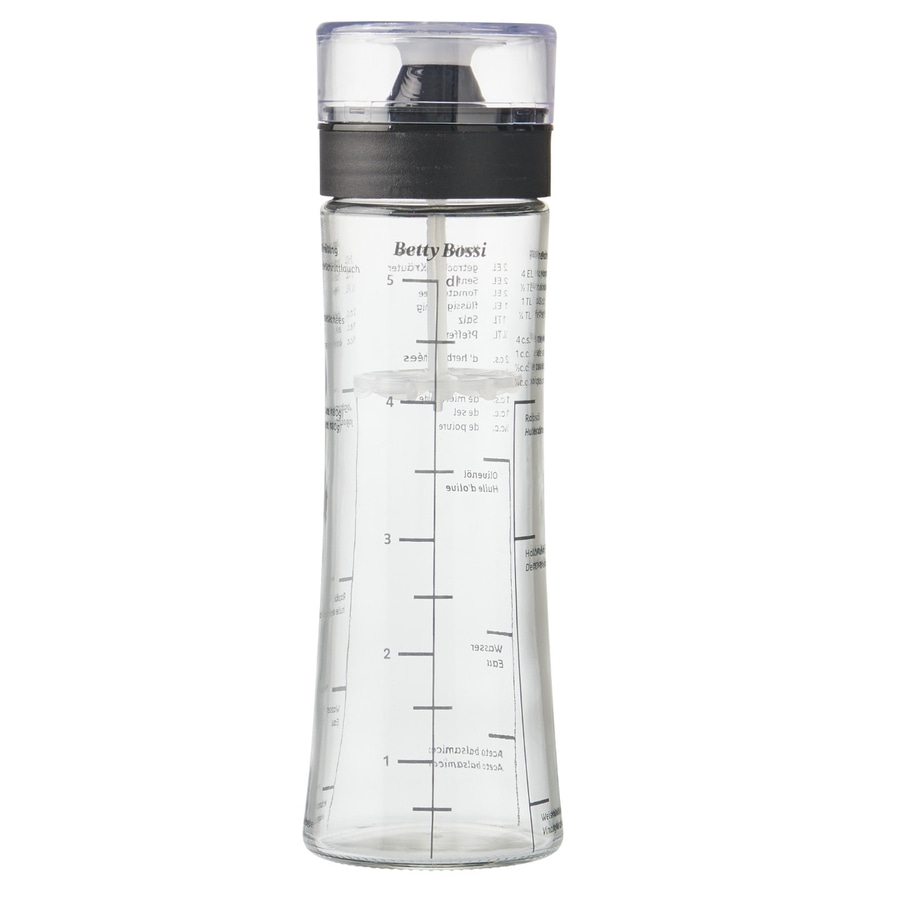 Eine Messflasche mit dem Logo Betty Bossi und Messskalen in ml und englischen Maßeinheiten.