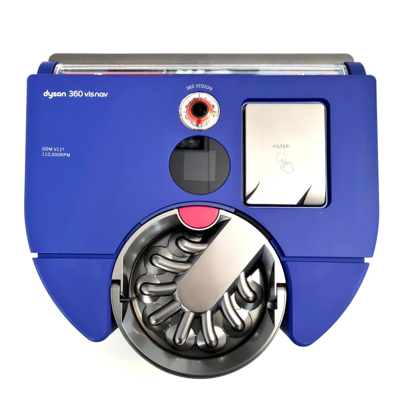 Ein blauer Dyson 360 Vis Nav Saugroboter mit einem runden Bürstenkopf und einem Filterfach.