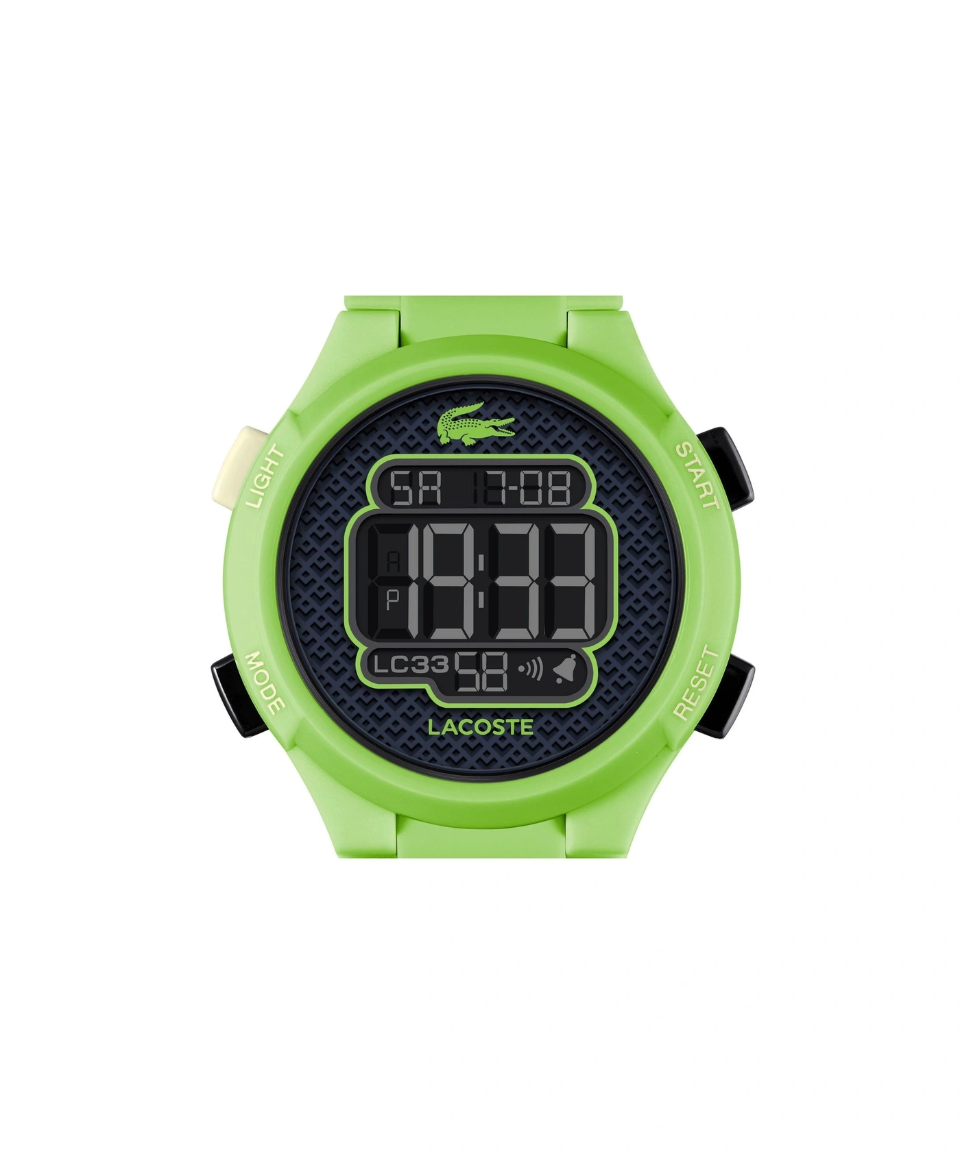 Grüne digitale Lacoste-Uhr mit Krokodil-Logo und Zeitangabe.