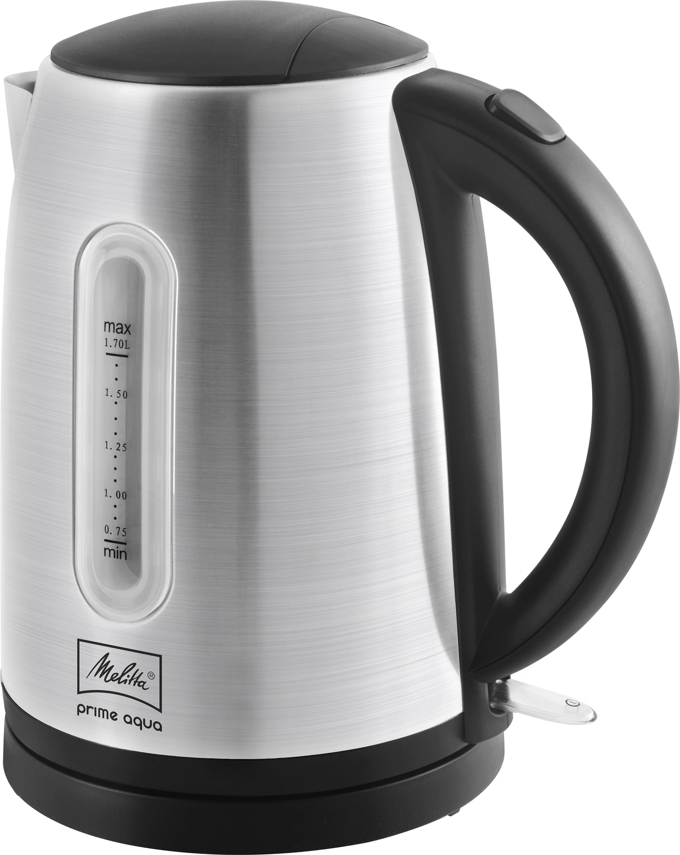 Edelstahl-Wasserkocher mit schwarzem Griff und Deckel, Melitta Prime Aqua, 1,7 Liter