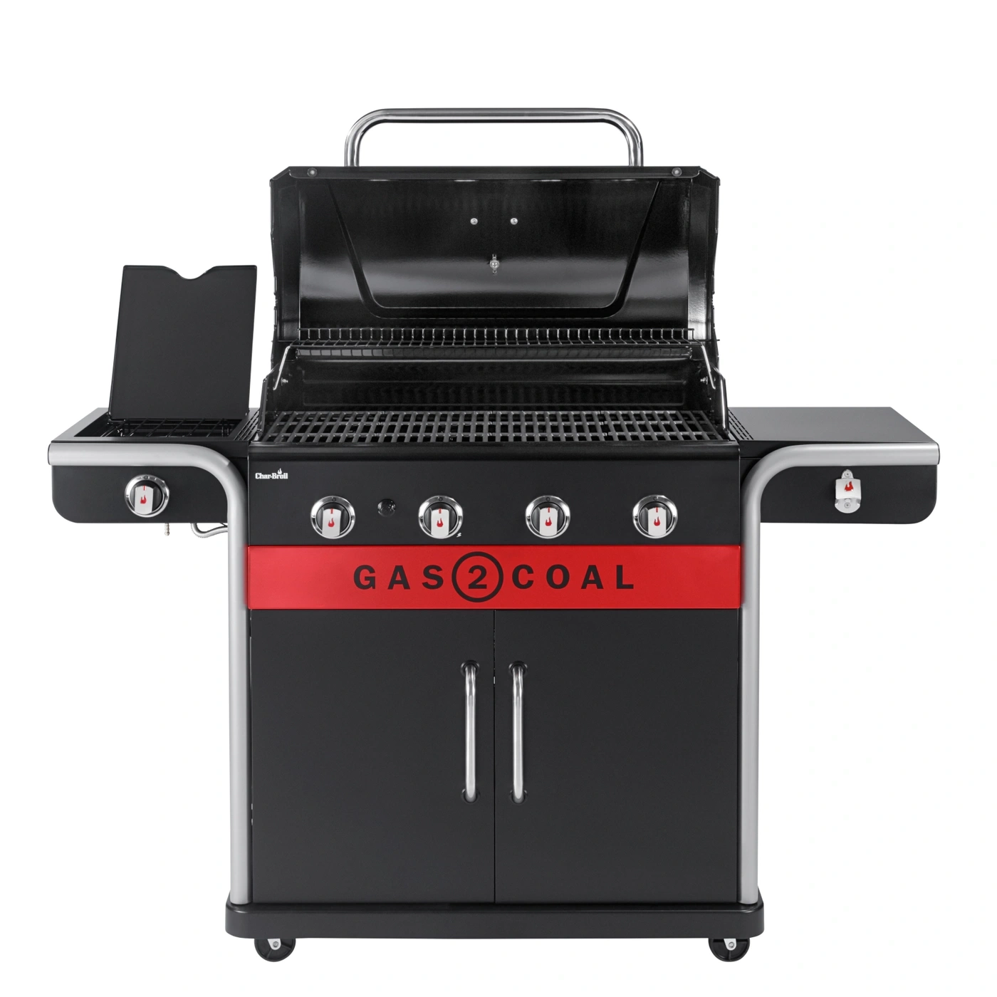 Schwarzer Grill mit rotem Band und der Aufschrift "GAS 2 COAL"
