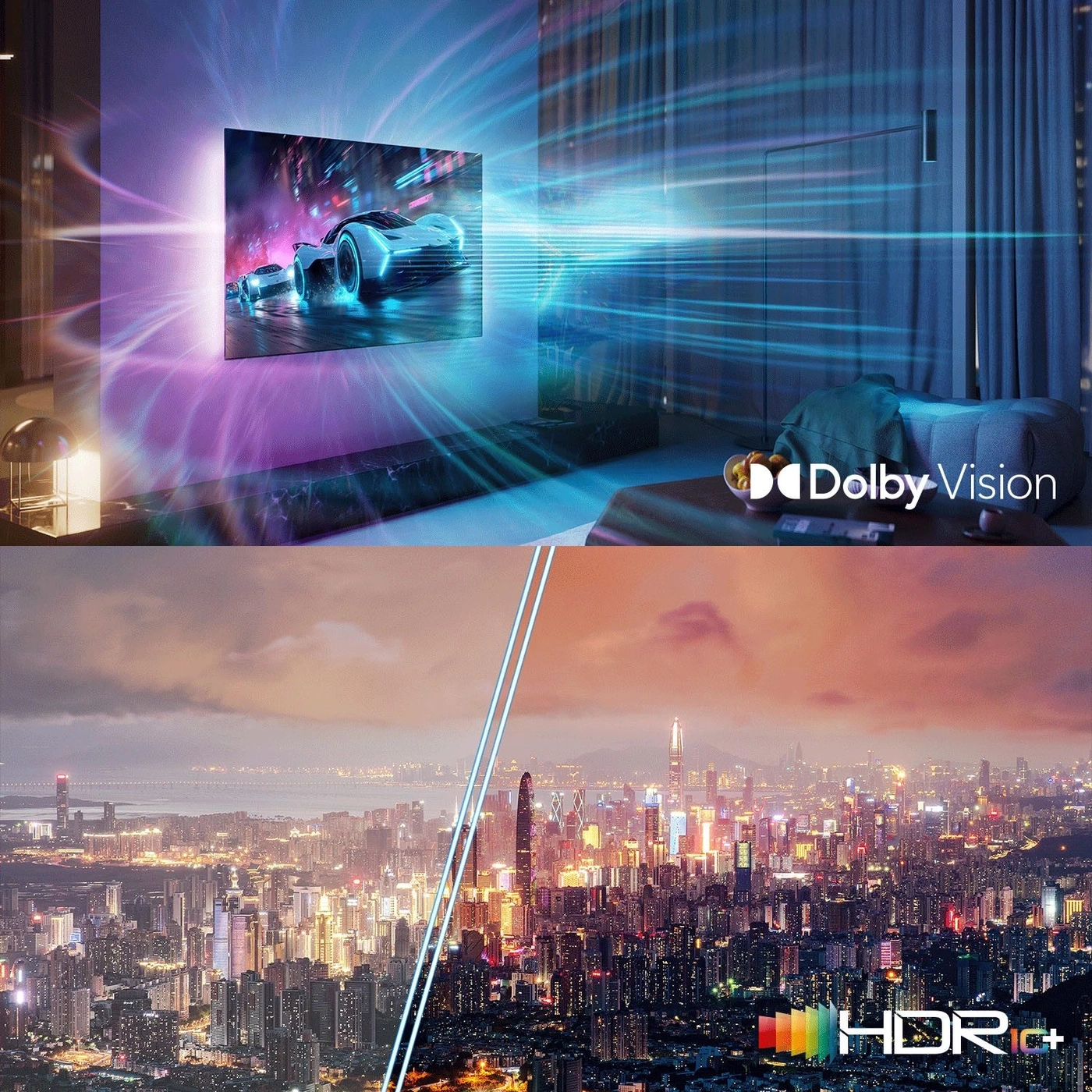 Dolby Vision und HDR10+ auf einem Fernseher mit Stadtszene
