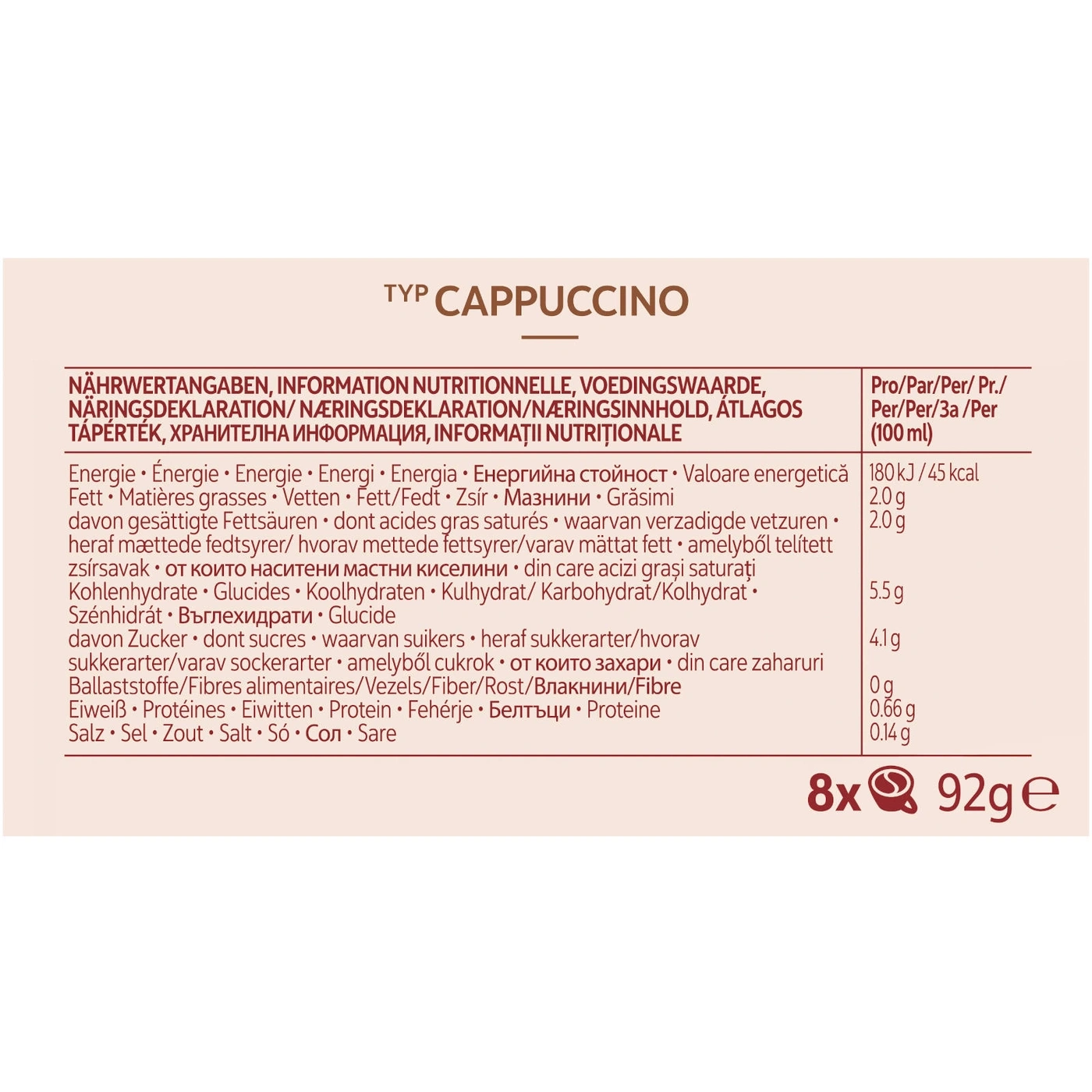 Cappuccino-Nährwertangaben: Energie, Fett, Kohlenhydrate, Zucker, Eiweiß, Salz, 8x92g