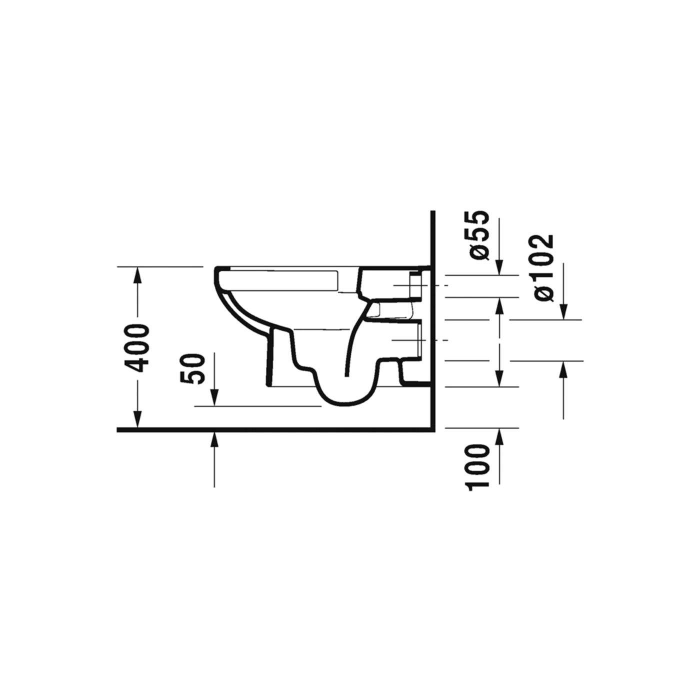 Seitenansicht einer Toilette mit Maßangaben in Millimetern. Abmessungen: 400, 50, Ø55, Ø102, 100.