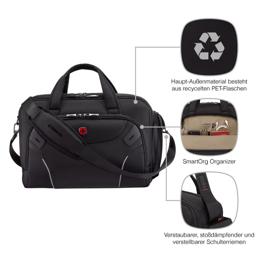 Schwarze Wenger-Tasche mit recyceltem Material, Organizer und Schulterriemen.