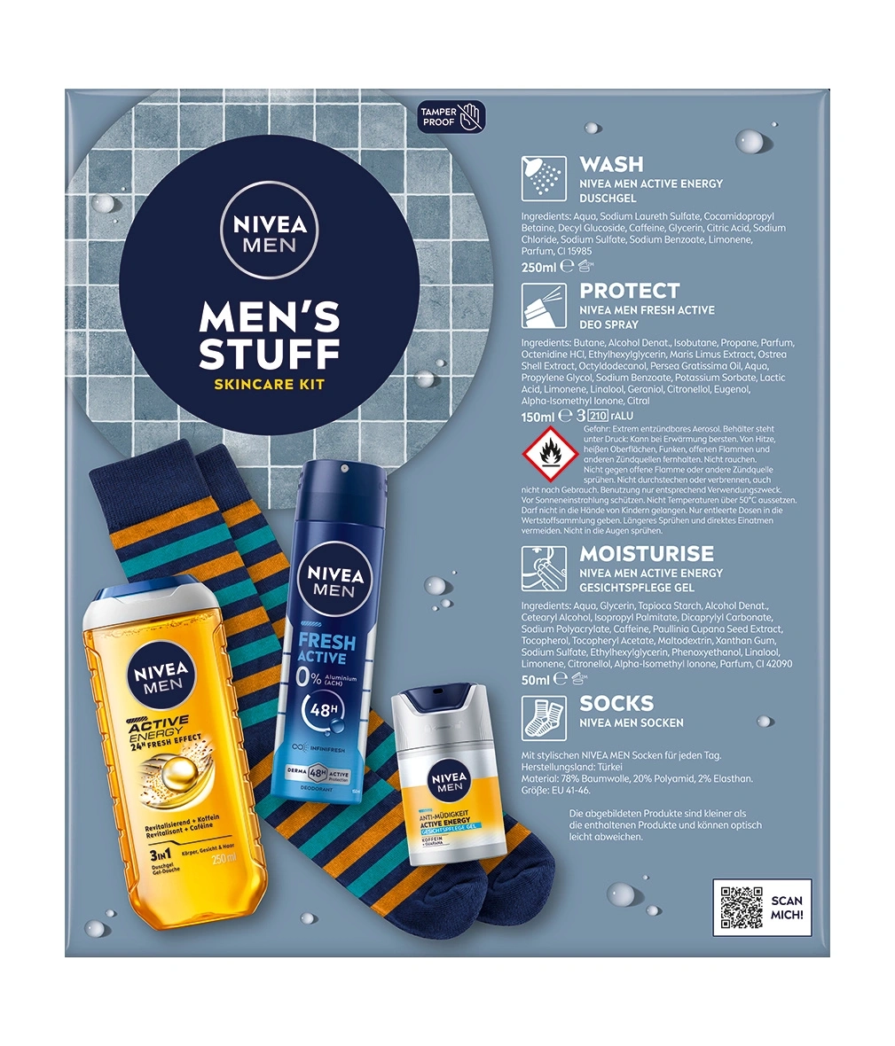 Nivea Men's Stuff Skincare Kit mit Duschgel, Deo-Spray, Gesichts-Pflegegel und Socken.