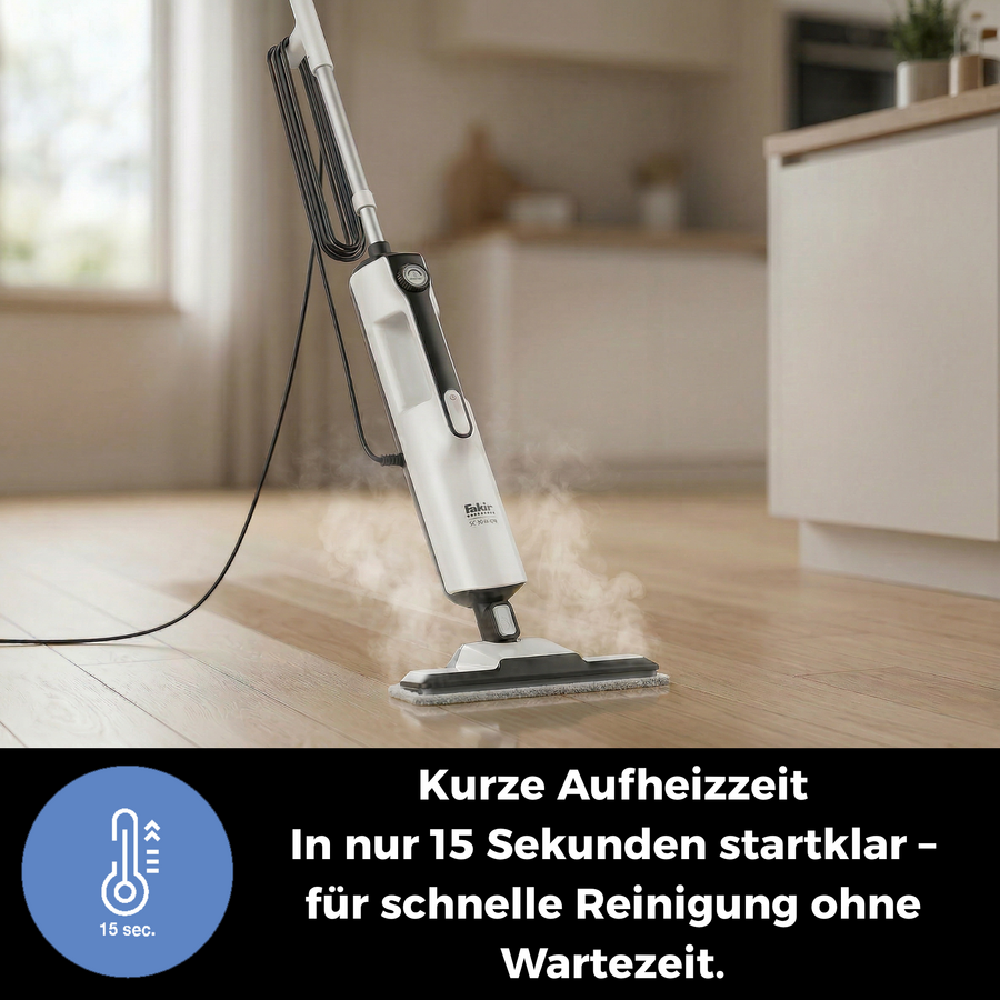 Ein Dampfreiniger von Fakir mit kurzer Aufheizzeit, einsatzbereit in nur 15 Sekunden für eine schnelle Reinigung.