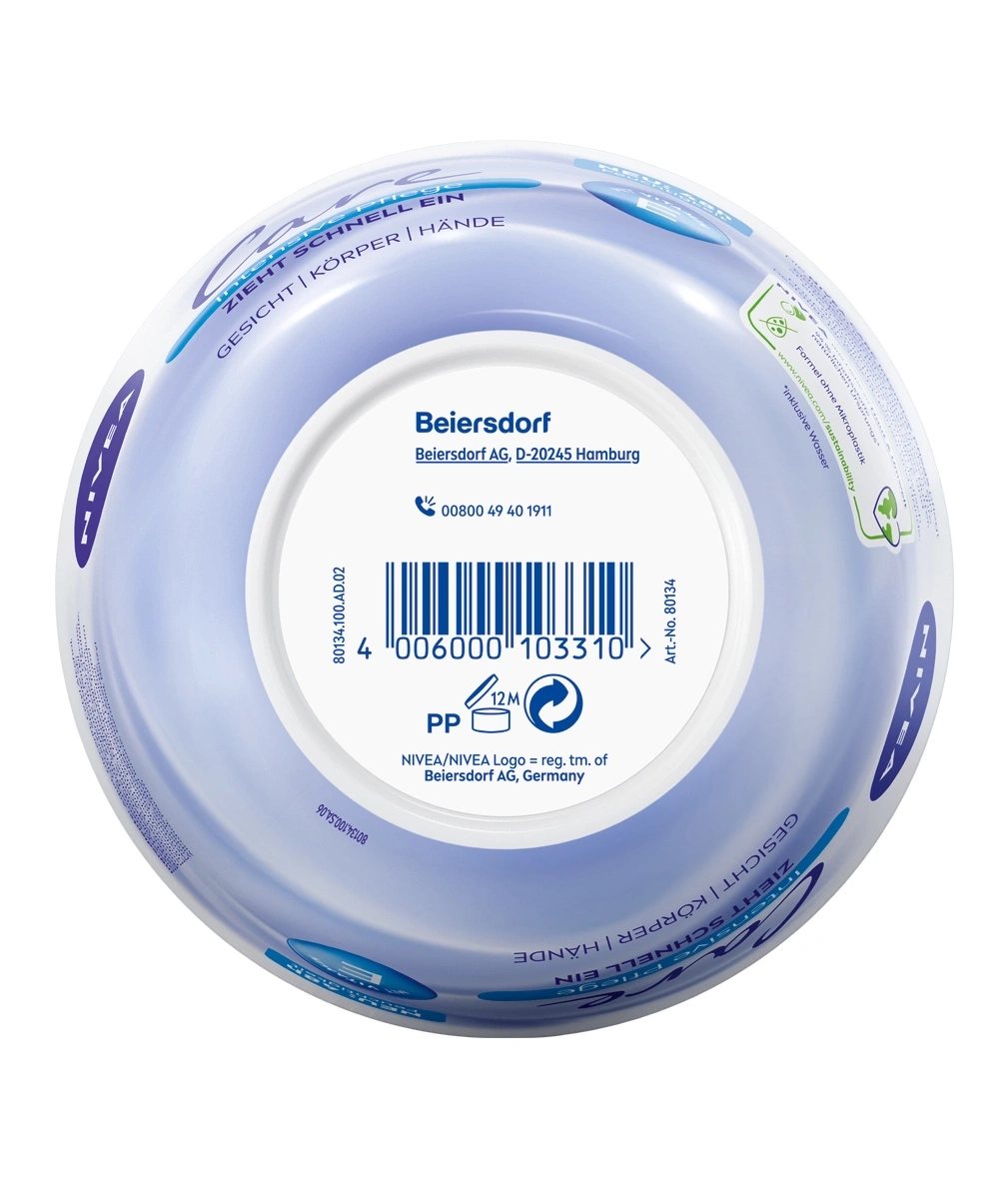 Nivea Creme Dose mit Informationen zu Inhaltsstoffen und Herstellerangaben.