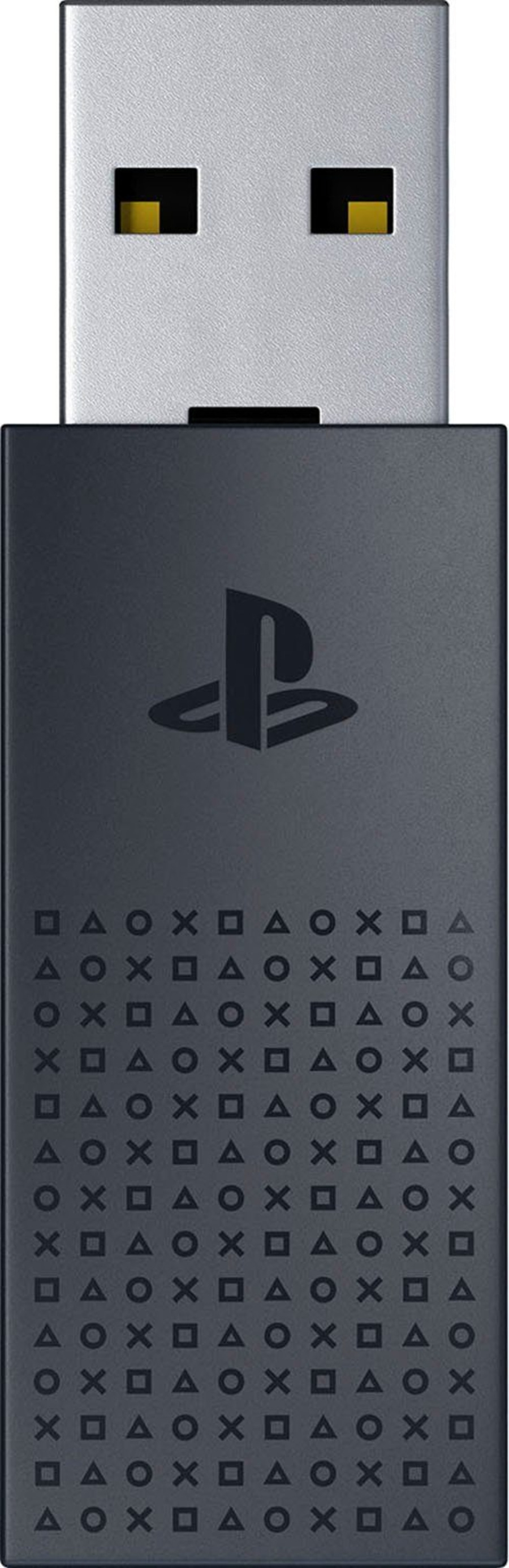USB-Dongle mit Playstation-Logo und Symbolen, silberner Stecker, schwarzes Gehäuse, Gaming-Zubehör