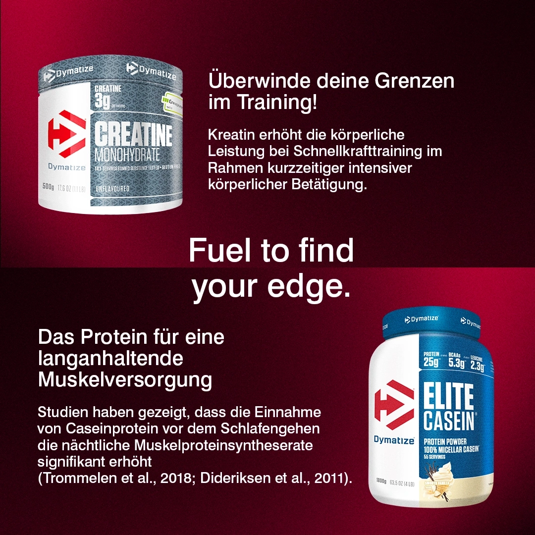 Dymatize Creatine and Casein protein powder products.