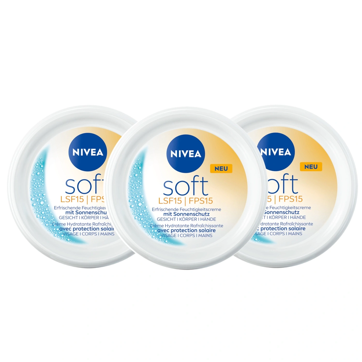 Drei Nivea Soft Cremes mit Sonnenschutz LSF15.